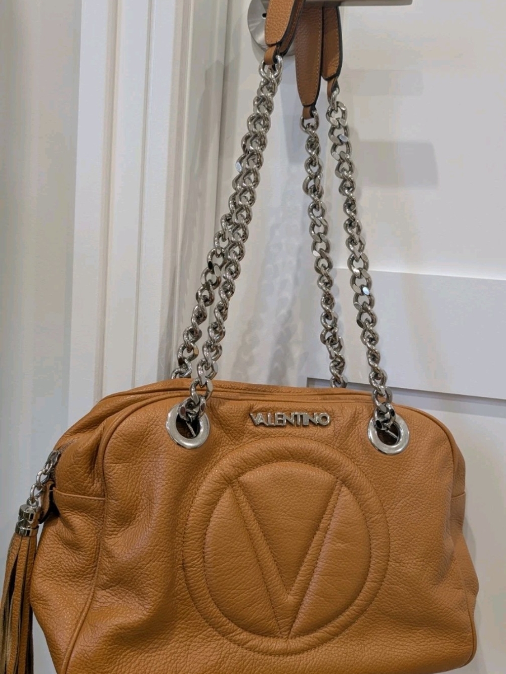 Valentino By Mario Valentino Tan Leather Shoulder Bag with Silver Chains